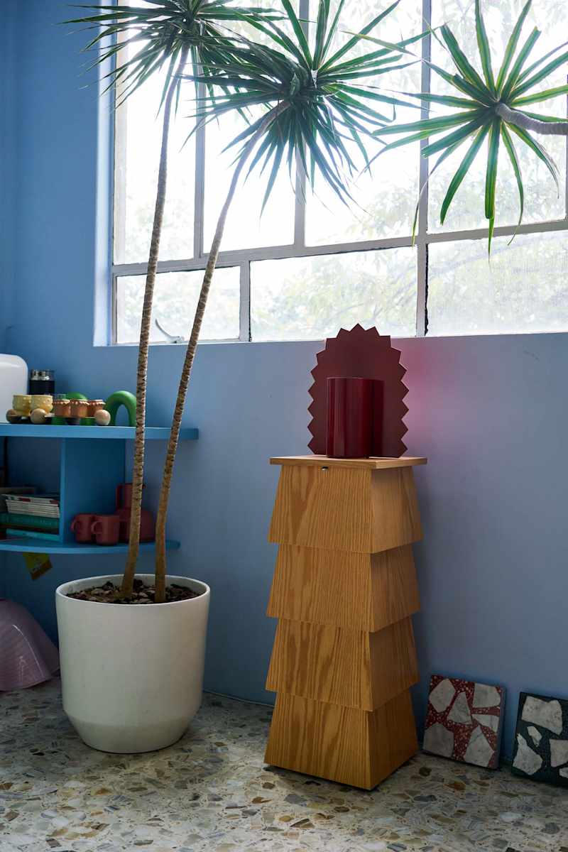A bright blue room featuring a tall potted plant, a wooden tiered side table with a red decorative object, and colorful decor items.